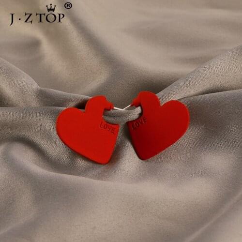 Jztop Brand Simple Heart Stud Earrings For Women Cute Red Heart Letter LOVE Alloy Earrings Female Fashion Jewelry Gift Brincos