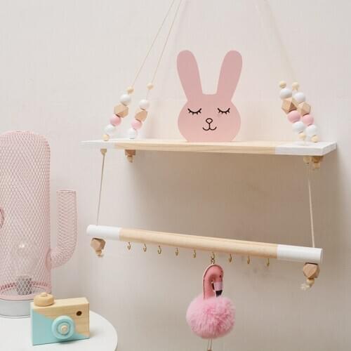 Nordic Double Wooden Bead Tassels Shelves Storage Rack Children Room Decorative Home Hook Kids Coat Rack Wall Rope Hanging Shelf