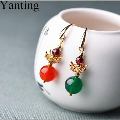 Yanting Natural Red Green Stone Classic Women Earrings Elegant Brincos Gold Color Flower Earrings For Women Female 0420