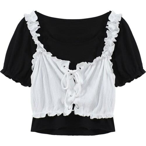 Korean Style Two Pieces T-Shirt Women Elegant Lace Up Ruffle White Vintage Vestt-shirt Black Tees 2021 Summer New Streetwear