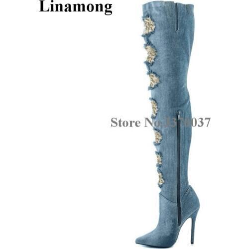 Women Sexy Pointed Toe Blue Denim Over Knee Gladiator Boots Cut-out Lace Thigh High Heel Boots Stiletto Long Boots
