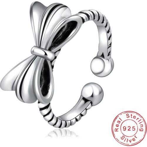 New Fashion Antique 925 Sterling Silver Bowknot Resizable Rings Street Style Vintage Stereoscopic Ribbon Ring Women Jewelry Gift