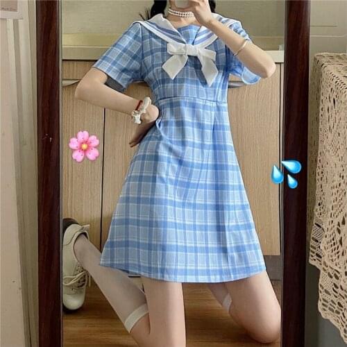 2021 Japanese Soft Girl Lolita Dress Cute Doll Collar Bow Navy Collar Plaid Dress Harajuku Kawaii Short Sleeve Princess Dresses