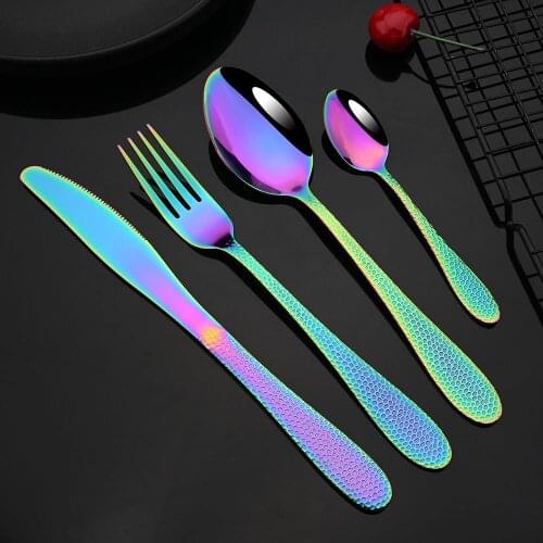 4Pcs Western Dinnerware Set Stainless steel Colorful Rainbow Gold Flatware Knife Fork Teaspoon Dishwasher Safe Silverware Set