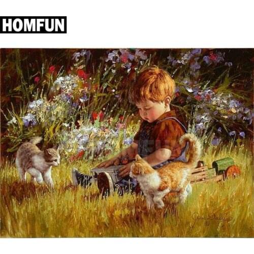 HOMFUN Full Square/Round Drill 5D DIY Diamond Painting "Oil painting boy cat" Embroidery Cross Stitch 3D Home Decor Gift A00202