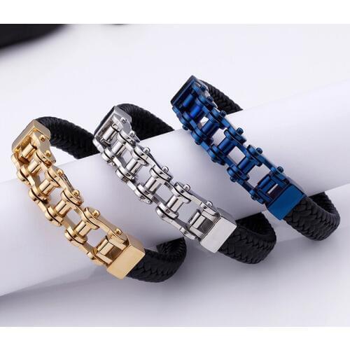 Free Shpping Genuine leather stainless steel Fashion Motorcycle Biker chain Mens Bracelet 13mm 8.26'' gold/ blue