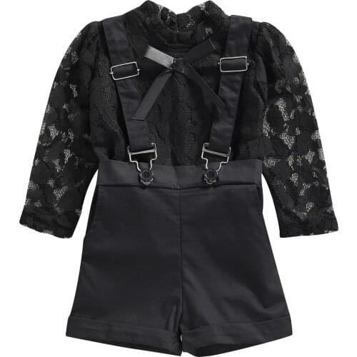 Kid Girls Clothes Sets Autumn Children Girls Mesh Lace Long Sleeve T-Shirts+Suspender Shorts Toddler Outfits Fashion 1-5Y Casual