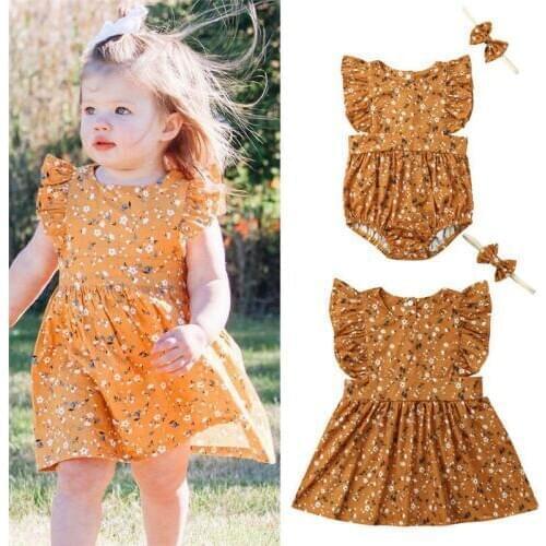 Little/Big Sister Baby Girl Kids Floral Romper Dress Matching Outfits Yellow Ruffles Dresses Headband Summer