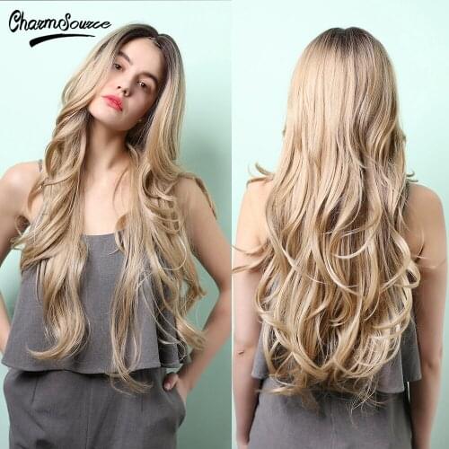 CharmSource Long Way Lace Part Synthetic Wigs Ombre Blonde Baby Hair For Black White Women High Density Heat Resistant Daily Use