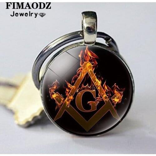 FIMAODZ Classic Masonic Freemason Keychain Free Mason Glass Pattern Crystal Pendant Key Chain Holder for Men Unisex Bag Pendant