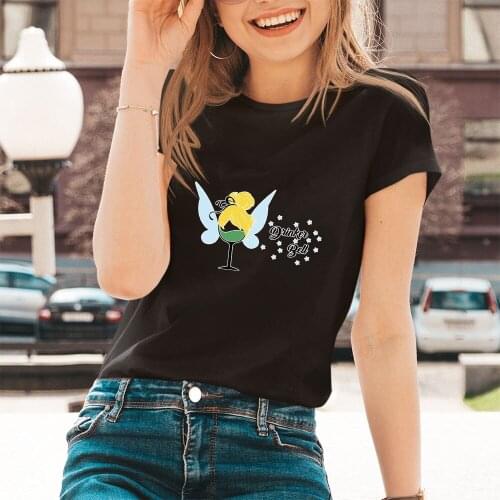 Drinker Bell Letters Printing Kawaii Dropship Disney Summer New Short Sleeve Wine Glass Princess Black White T Shirts Female Tee