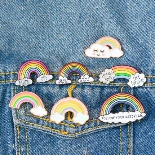 SO Cute Rainbow Enamel Pins Cartoon rainbow clouds Brooches Badge Denim jeans Lapel Pin Dream Jewelry Gift for kids friends