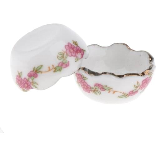 2 Pieces 1/12 Dollhouse Miniature Floral Ceramic Bowl Fruit Dishes Dinnerware Accessories