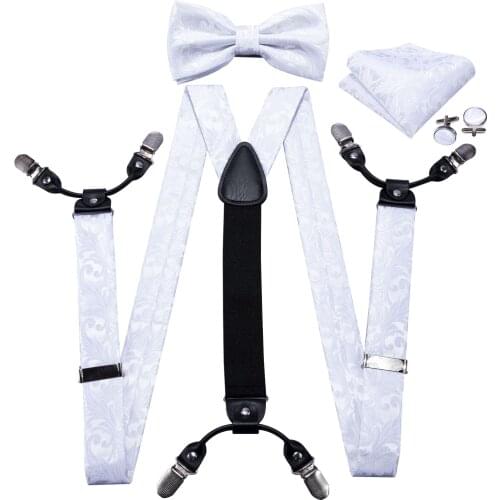 Paisley Floral 6 Clips Suspenders Bow Tie Pocket Square Cufflinks Set Y Shape Adjustable Tuxedo White Braces Barry.Wang BB-2006