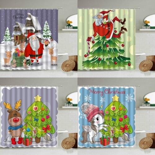 Merry Christmas Shower Curtain Cartoon Santa Claus Christmas Tree Elk Unicorn Kids Bathroom Waterproof Screen Holiday Home Decor
