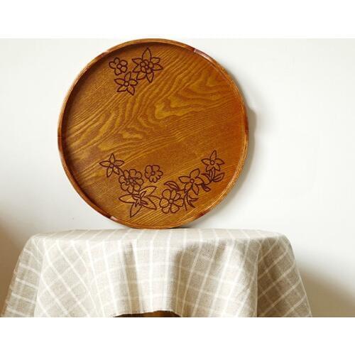 Handle carved round tray Japanese wooden household round tea plate teaware wood dish