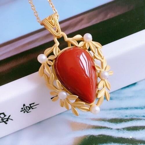 S925 Sterling Silver Inlaid Agate Stone Leaves Pendant Necklace Womens Natural South Red Pearl Pendant Clavicle Chain Ornament