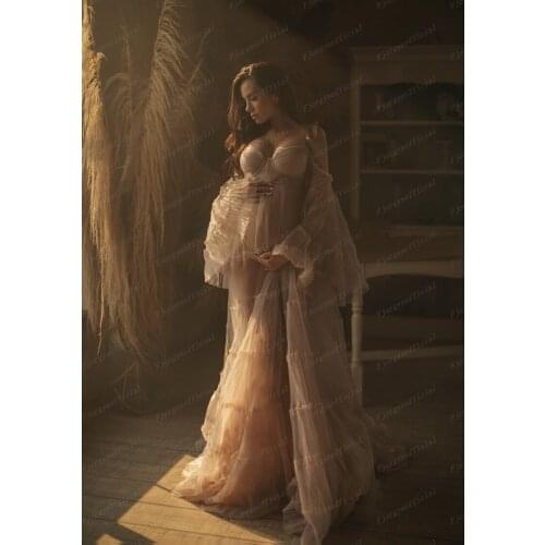 Sexy See Through Maternity Dress for Photoshoot Off Shoulder Flare Sleeve Sweetheart Pregant Women Wedding Robes Party Dresses