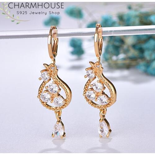 Charmhouse 18K Gold Color Earrings For Women Zirconia Drop Earing Brincos Femme Wedding Bridal Jewelry Accessories Bijoux