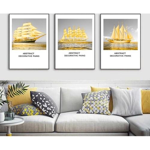 Golden Sailing Boat Modern Canvas Painting Minimalist Landscape Artwork Poster Print Nordic Wall Art Picture Living Room Decor