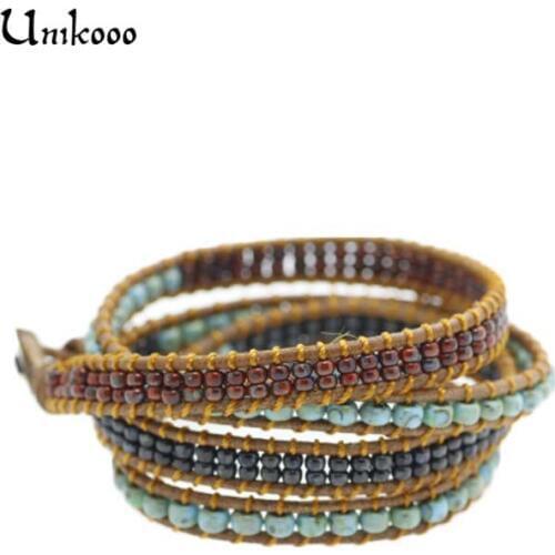 Unisex Bracelet Boho Miyuki Seeds Beads Wrap Bracelet Leather Wrap Bracelet 4 Strands Stone Rope Jewelry