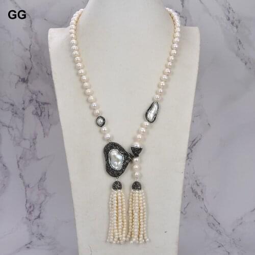 GuaiGuai Jewelry 26'' White Pearl Necklace Big White Keshi Pearl Pendant