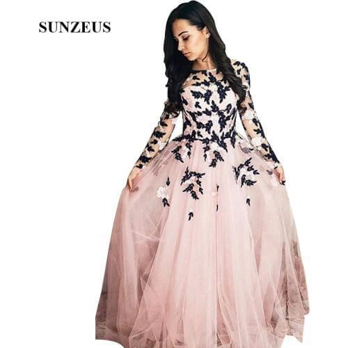 Pearl Pink Tulle Evening Dresses With Long Sleeves Beautiful Appliques Long Formal Gowns Girls Party Dress A-line