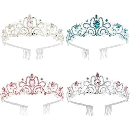 Fashion Crown Tiara Women Princess Crown with Combs Pink Crystal Bridal Wedding Prom Bling Bling Pearl Headband Party Headwear