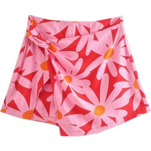 Evfer Women Fashion Pink Flower Print Asymmetrical Shorts Skirts Girls Casual Back Zipper Side Knotted High Waist Short Pants