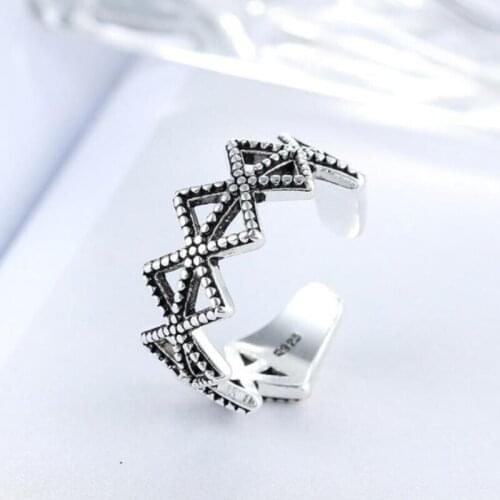 Sole Memory Retro Hollow Geometric Rhombus Personality 925 Sterling Silver Female Resizable Opening Rings SRI282