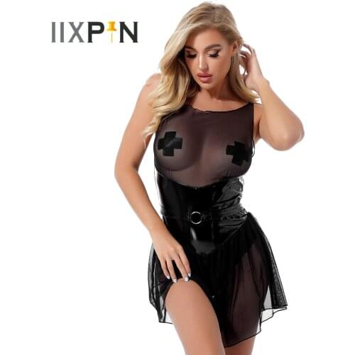 Womens Nightclub Dance Performance Outfit Patent Leather Patchwork Sleeveless Dress Exotic Dress See-through Mesh Sexy Dresses