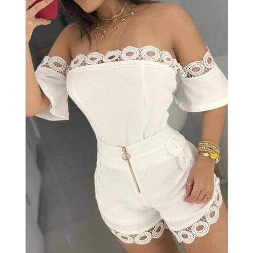 High Waist Lace Patchwork Slim Fit Romper Hollow Out Summer Sexy Women Playsuit Off Shoulder Zipper Playsuits Overalls For Women