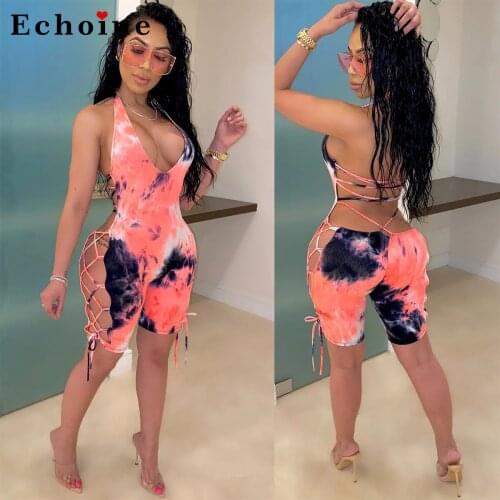 Women Sexy Bodycon Playsuit Backless Tie-Dye Printed Jumpsuit Summer Club Catsuit Hollow Out Lace Up Short Pants Onesies Rompers