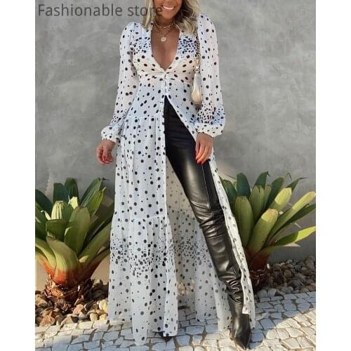 Women Deep V Neck Polka Dot Lantern Sleeve Button Design Maxi Dress