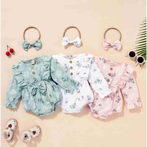 2021 New Autumn Winter Baby Girls Floral Clothes Cotton Linen Casual Long Sleeve Ruffle Bow Romper Jumpsuit Toddler Clothing