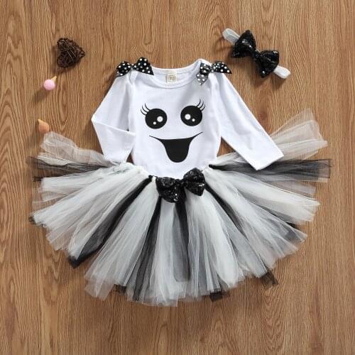 Newest Arrival 3 Pcs Baby Girls Casual Outfits Cartoon Long Sleeve Round Neck Romper with Bowknot+Tulle Skirt+Headband for 0-24M
