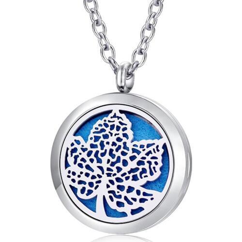 Free with Chain and Gift! Wholesale 30mm Magnetic 316L Stainless Steel Maple Leaf Essential Oil Diffuser Necklace