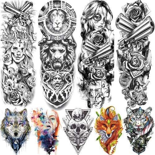 Black Maori Temporary Sleeve Tattoos For Men Women Realiatic Gangster Lion Wolf Tatoos Full Arm Guns Rose Skull Tatoos Body Art