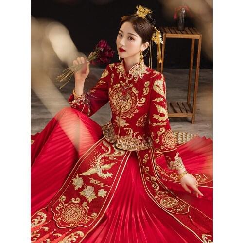 Elegant Bride Vintage Chinese Traditional Wedding Dress Phoenix Embroidery High-quality Cheongsam китайская одежда