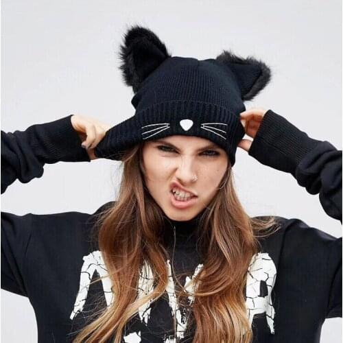 Hot Sale In Autumn And Winter Warm Knitted Hat Harajuku Style Cat Ear Fur Hat Ladies Embroidered Beanie