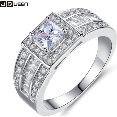 New Trendy Big Male Silver Color Geometric Ring With White Zircon Stone White Crystal Filled Large Wedding Men Ring Jewelry