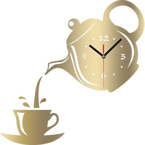 MEYA DIY 3D Wall Clock Acrylic Coffee Cup Teapot Shape Decorative Kitchen Wall Clocks Living Room Dining Room Home Decor Clock