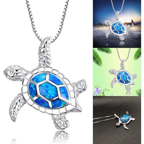 Cute Silver Filled Blue Opal Sea Turtle Pendant Necklace For Women Female Animal Wedding Ocean Beach Jewelry Gift