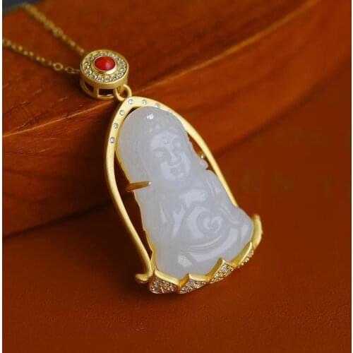 Natural Hetian Jade Suet Jade Baby Buddha Suet White Jade Very Fine and Glossy S925 Silver Ancient Gold Inlaid Ornament