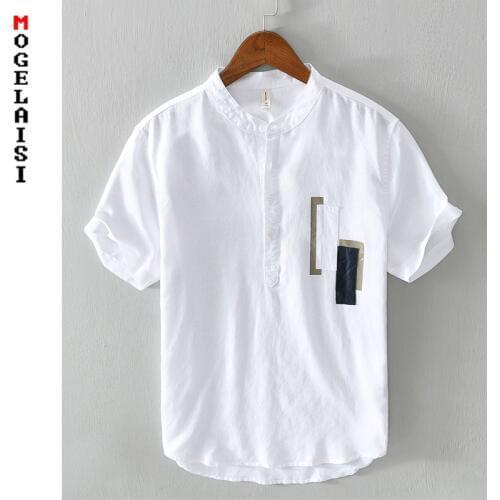 New white shirt men short sleeve 100% linen shirts tops fashion Stitching summer Breathable solid shirt man chemise homme 567