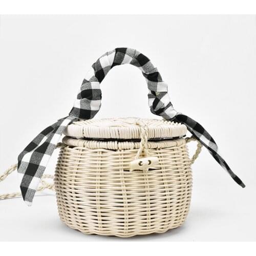 New rattan bag handbag lattice silk scarf portable straw bag cylinder small jar beach bag
