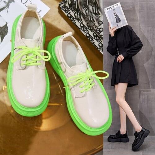 2021 New Muffin Thick Bottom English Lace Up Small Leather Shoes Womens Uniform Thin Mary Jane Single Shoes