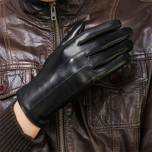 Genuine Leather Gloves Male Simple Sheepskin Gloves Man Fashion Black Autumn Winter Plus Velvet Thicken Keep Warm DQ109-2