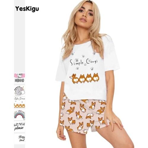 Corgi 3D Printed Sexy Silk Pijama Women Short Sleeves Top Summer Pyjamas Sleepwear Satin Nightgown Pajama Set Two-Piece Pajamas