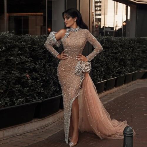 Sparkle Champagne Beaded Mermaid Prom Dresses Full Sleeves Crystal Flower Long Formal Dress To Engagement Split Prom Gowns
